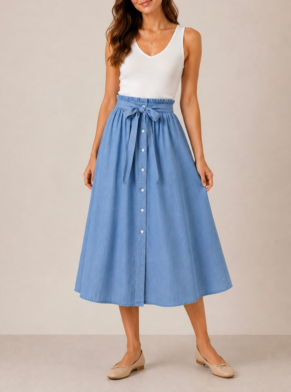 FALDA MIDI BOTONES COLOR AZUL CLARO