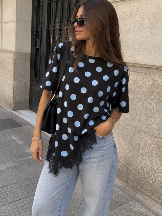 CAMISETA OVERSIZE LUNARES Y ENCAJE