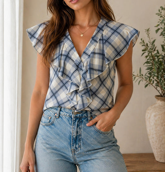BLUSA VOLANTES MANGA CORTA AZUL