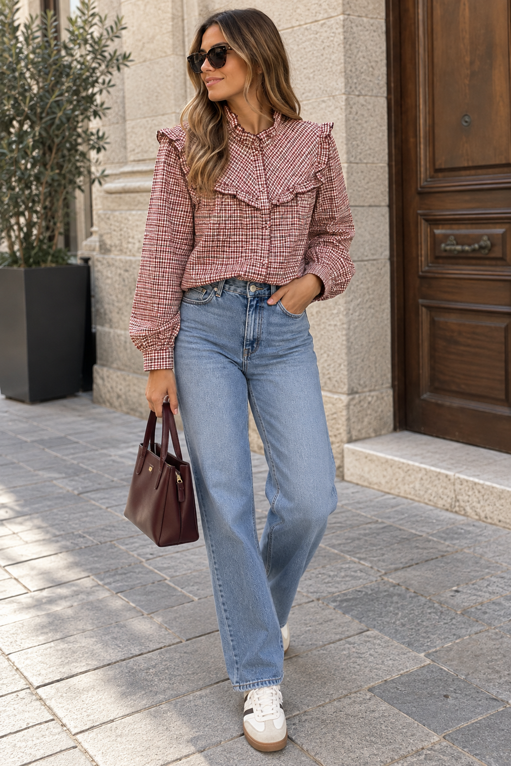 CAMISA ESTAMPADA DE CUADROS CON VOLANTES