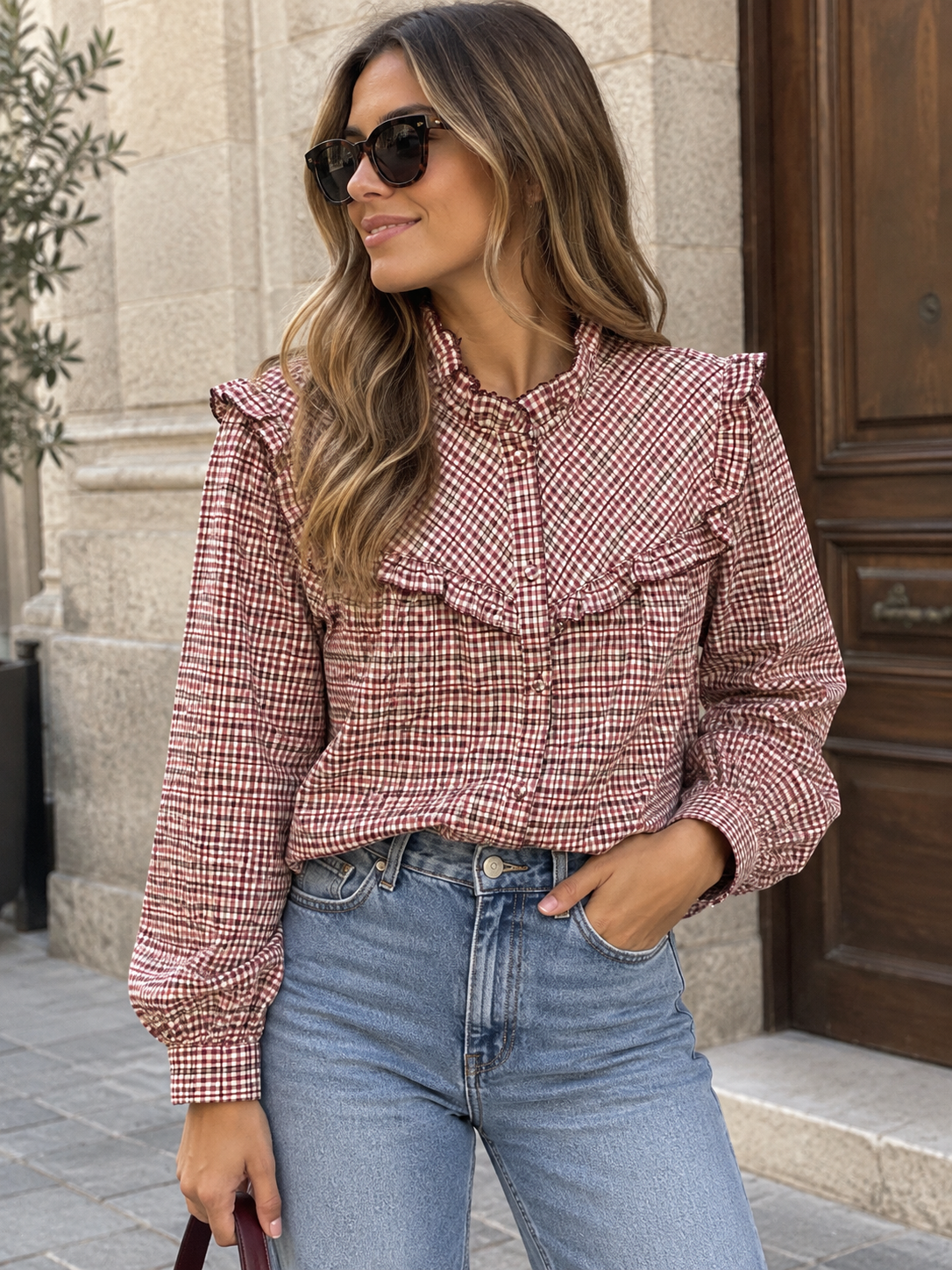 CAMISA ESTAMPADA DE CUADROS CON VOLANTES