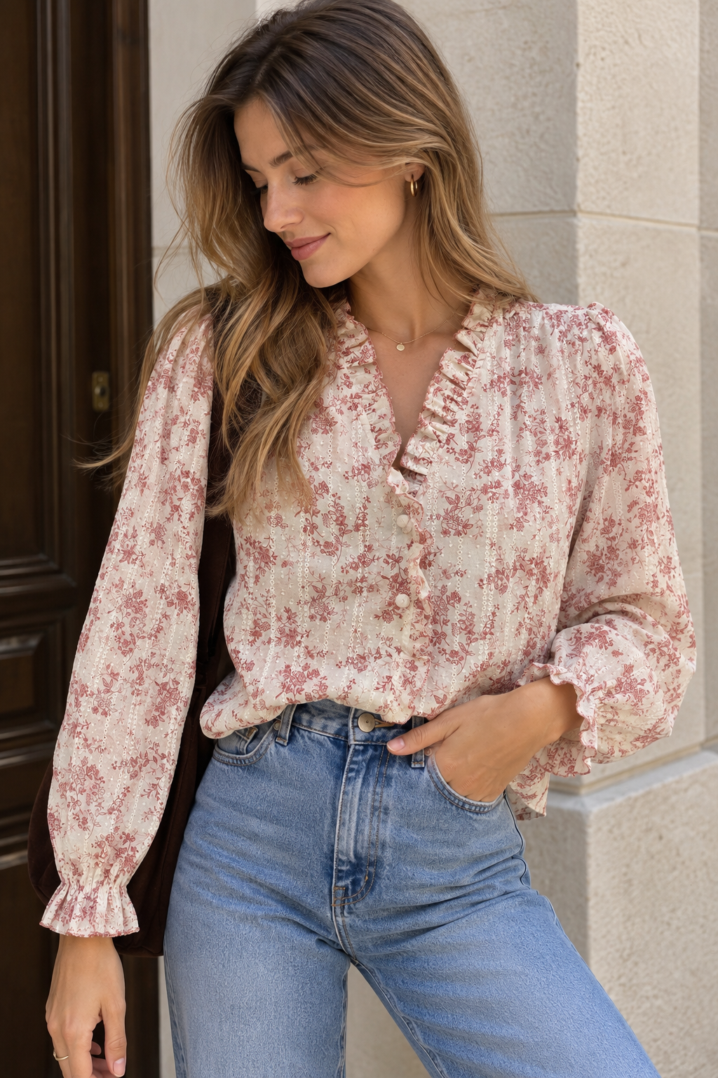 BLUSA ESTAMPADA DE FLORES CON VOLANTES