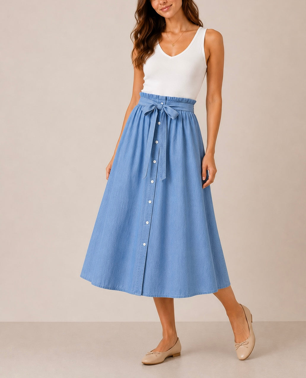 FALDA MIDI BOTONES COLOR AZUL CLARO