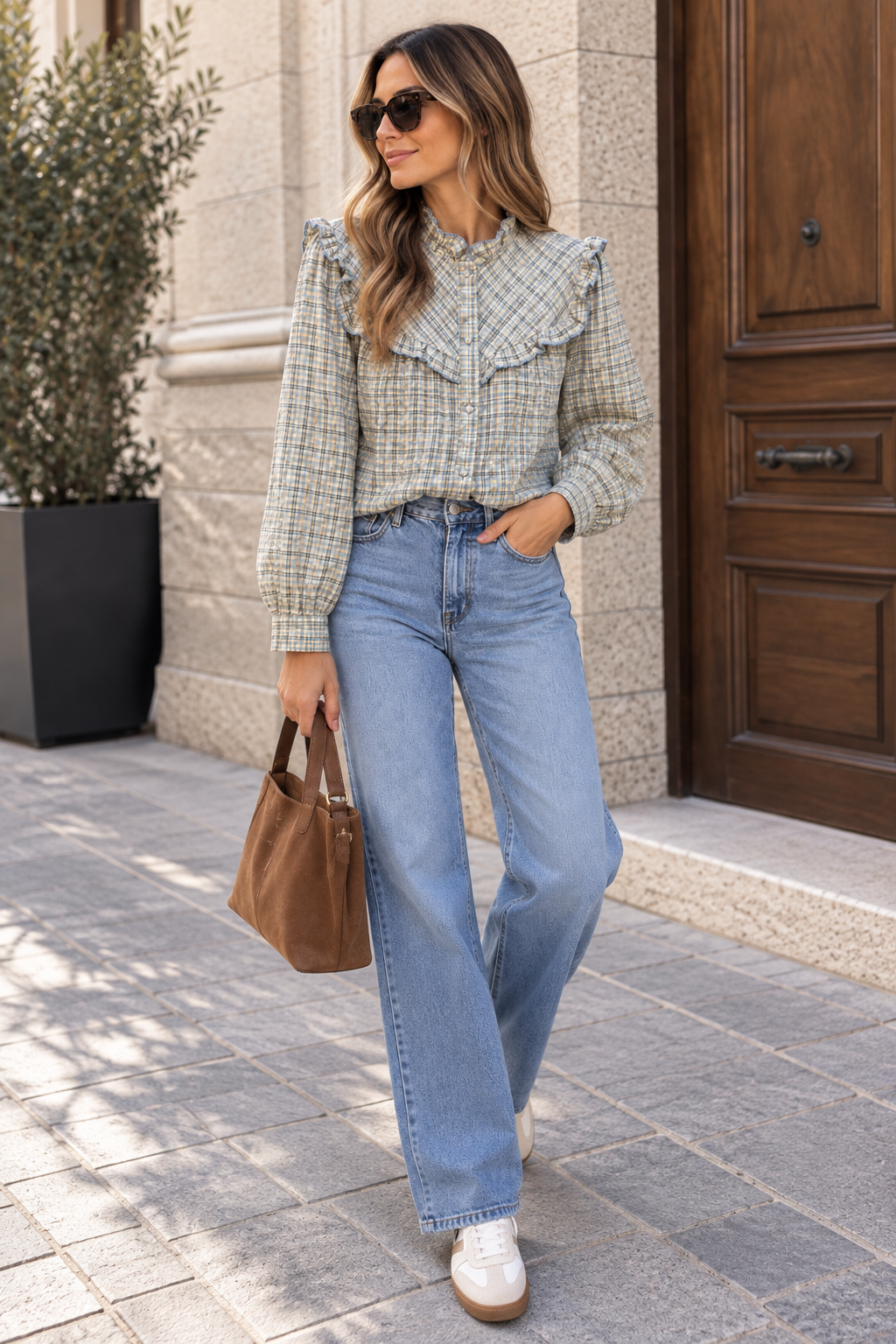 BLUSA ESTAMPADA DE CUADROS CON VOLANTES